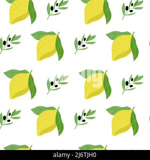 Seamless pattern of lemons and olive sprigs, drawn with doodle elements in sketch style. Olive with berries and lemon fruit on white background. Olive Stock Vector