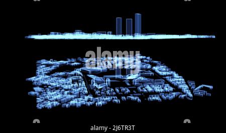 Map of the Tre Torri area in Milan. Hologram, sci-fi, skyscraper skyline. Old fair area. Aerial view of buildings and homes. CityLife. Italy Stock Photo