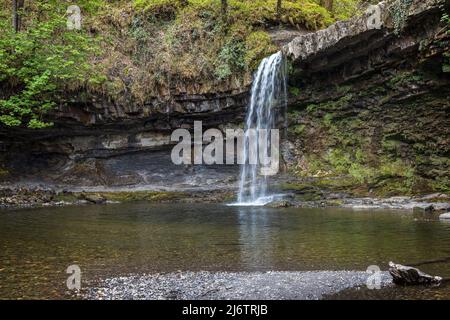 The Sgwd Gwladys (Lady Falls) waterfall on the river Afon Pyrddin near Pontneddfechan in the Brecon Beacons National Park, Wales. Stock Photo