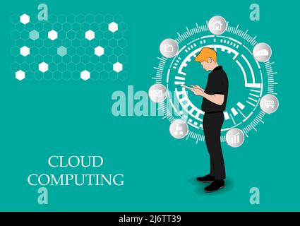 graphics drawing business man hold smartphone use connection communication for cloud computing Stock Vector