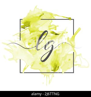 Calligraphic lowercase letters L and G are written in a solid line on a colored background in a frame Stock Vector