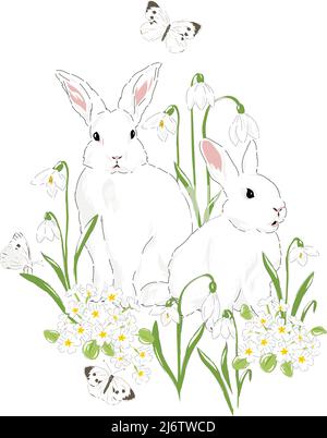 Cute bunny in Spring Bloomy garden with Snowdrops florals and butterfly hand drawn vector illustration isolated on white. Vintage delicate romantic nature print poster card. Stock Vector