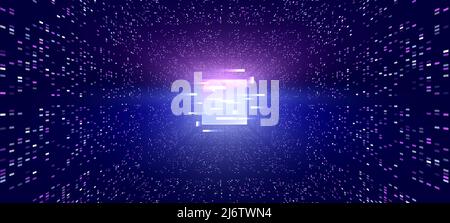 Metaverse abstract background with glowing glitch square in the center, perspective tunnel with a huge number of colorful elements illustrating the Stock Vector