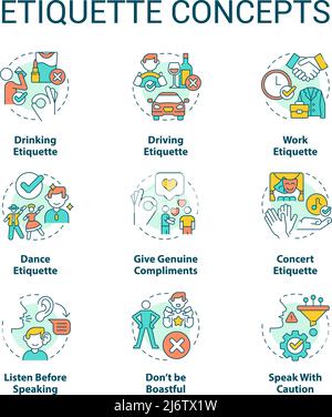 Etiquette rules flat infographic set of compositions with doodle human ...