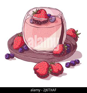 Panna cotta with strawberry and blueberry. Hand drawn vector illustration in cartoon style. Isolated on white background. Italian dessert. Stock Vector