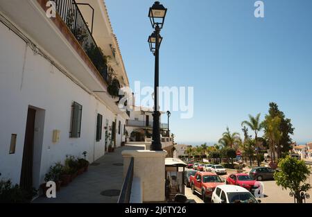 View of the Andalusian village of Frigiliana. Mediterranean sea in the background. Stock Photo