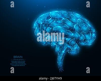 Polygonal human brain vector illustration on dark blue background. The concept of artificial intelligence. Brain anatomy low poly art. Neurology banne Stock Vector