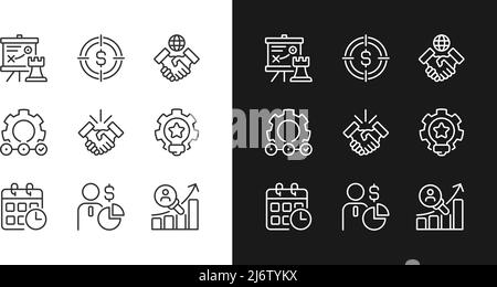 Business activities pixel perfect linear icons set for dark, light mode Stock Vector