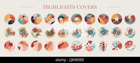 Big set of round social media highlight covers, various vector abstract and floral icons, colorful background templates with geometric shapes Stock Vector