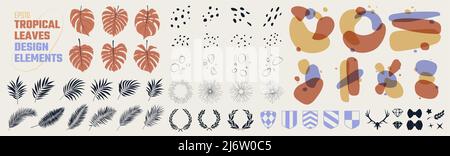 Big set of compositions, colored blots, tropical leaves and various design elements, vector collection of isolated details, for collages of posters an Stock Vector