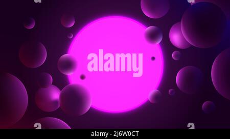 Abstract vector illustration with glowing purple circle on dark background, neon lighting with reflex on spheres, futuristic gradient poster with geom Stock Vector