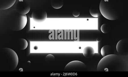 Abstract vector illustration with glowing white rectangles on dark background, neon lighting with reflex on spheres, futuristic gradient poster with g Stock Vector