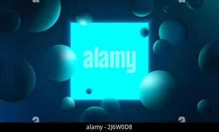 Abstract vector illustration with glowing blue square on dark background, neon lighting with reflex on spheres, futuristic gradient poster with geomet Stock Vector
