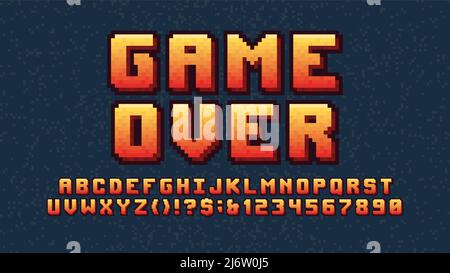 Digital arcade alphabet pixel 3d font, video computer game design 8 bit electronic entertainment vector latin typeface, yellow-red letters and numbers Stock Vector