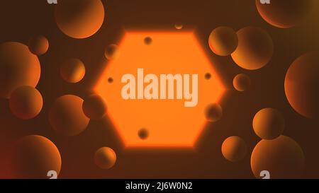 Futuristic vector gradient poster with glowing orange hexagon on dark background, neon lighting with reflex on spheres, abstract illustration with geo Stock Vector
