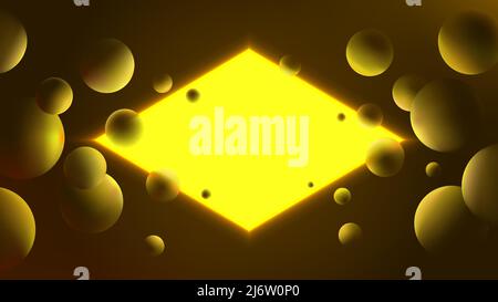 Futuristic vector gradient poster with glowing yellow rhombus on dark background, neon lighting with reflex on spheres, abstract illustration with geo Stock Vector