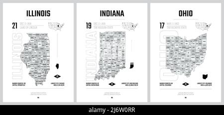 Highly detailed vector silhouettes of US state maps, Division United States into counties, political and geographic subdivisions of a states, East Nor Stock Vector