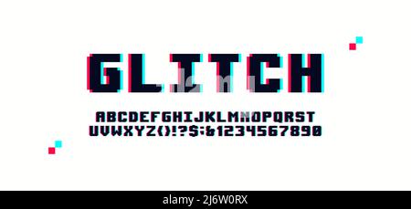 Pixel digital glitch alphabet distorted screen error effect, latin letters and numbers in style of 80's video game, vaporwave and retro aesthetics Stock Vector