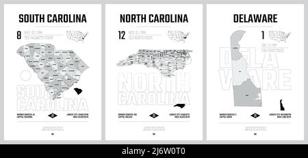 Highly detailed vector silhouettes of US state maps, Division United States into counties, political and geographic subdivisions of a states, South At Stock Vector
