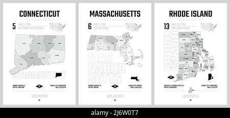 Highly detailed vector silhouettes of US state maps, Division United States into counties, political and geographic subdivisions of a states, New Engl Stock Vector