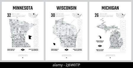 Highly detailed vector silhouettes of US state maps, Division United States into counties, political and geographic subdivisions of a states, The Grea Stock Vector