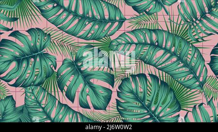 Seamless colored pattern with exotic tropical leaves on pink square tiles background, botany composition in trendy contemporary, vector illustration Stock Vector