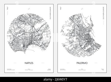 Travel poster, urban street plan city map Naples and Palermo, vector illustration Stock Vector