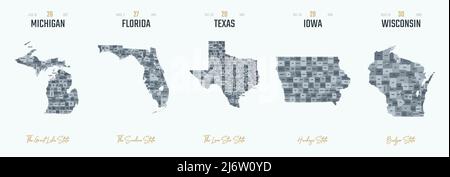 Vector set 6 of 10 Highly detailed silhouettes of US state maps, divided into counties with names and territory nicknames Stock Vector