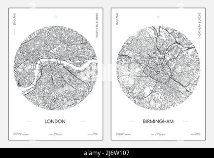 Travel poster, urban street plan city map London and Birmingham, vector illustration Stock Vector
