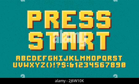 Pixelated typeface computer graphic letters and numbers, old school nostalgic pixel video game font, colorful retro alphabet, vector symbols Stock Vector