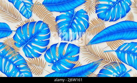 Seamless colorful pattern with blue and gold exotic tropical plants, monstera leaves and palm trees, trendy exotic vector composition Stock Vector
