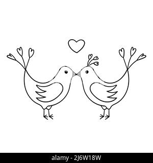 Lovebirds kiss. A couple of birds in love. Simple decorative design element. The outline illustration is hand-drawn, isolated on a white background. B Stock Vector