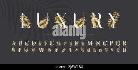 Tropical latin font with gold leaves and branches of palm trees, letters and numbers luxury typeface for the design of wedding and greeting invitation Stock Vector