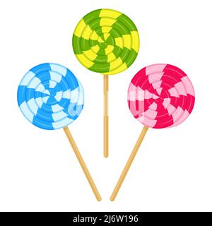 Green and yellow spiral lollipop. Sweet candy, high-calorie, unhealthy food, dessert, treat. Color vector illustration in cartoon flat style. Isolated Stock Vector