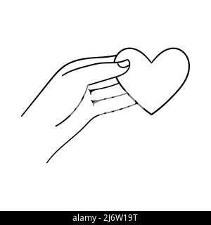 Hand holds a valentine card in the form of heart. Decorative element for Valentine's Day. Outline design object is drawn by hand and isolated on a whi Stock Vector