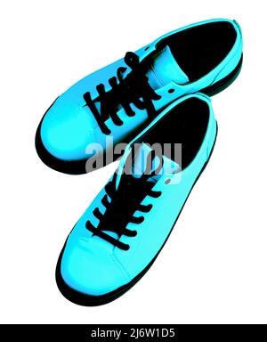 Luxury Leather Contemporary Blue Shoes with Black Sole and Laces isolated on White background Stock Photo