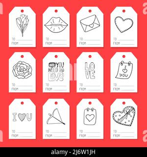 A set of tags for gift wrapping with elements on the theme of Valentine's Day. Doodle-style illustrations are hand-drawn. Black and white vector illus Stock Vector