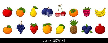 A set of colored linear icons of Fruits and berries. Design elements in a flat style with a stroke. Hand drawn and isolated on a white background. Bla Stock Vector