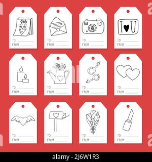 A set of tags for gift wrapping with elements on the theme of Valentine's Day. Doodle-style illustrations are hand-drawn. Black and white vector illus Stock Vector