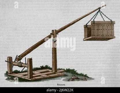 Ancient Age. Military marchinery. 'Tellennon'. This machine was used for raising and throwing men upon the towers and walls of besieges places. Engraving. Later colouration. Historia General de España by Father Mariana. Madrid, 1852. Stock Photo