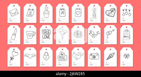 A set of tags for gift wrapping with elements on the theme of Valentine's Day. Doodle-style illustrations are hand-drawn. Black and white vector illus Stock Vector