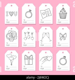 A set of tags for gift wrapping with elements on the theme of Valentine's Day. Doodle-style illustrations are hand-drawn. Black and white vector illus Stock Vector