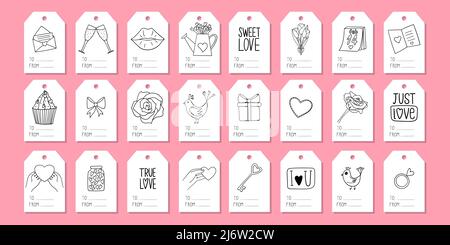 A set of tags for gift wrapping with elements on the theme of Valentine's Day. Doodle-style illustrations are hand-drawn. Black and white vector illus Stock Vector