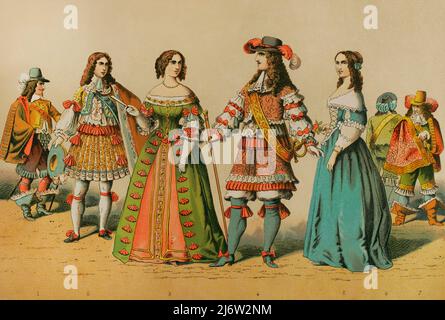 History of France (1600-1670). From left to right: musketeer, Philippe of Orleans, Queen consort Maria Theresa of Austria (1638-1683), King Louis XIV (1638-1715), court lady and two other musketeers in the background. Chromolithography. Historia Universal, by César Cantú. Volume VIII. Published in Barcelona, 1886. Stock Photo