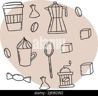 Coffee utensils black ink outline in doodle style. Stock Vector
