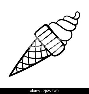 Ice cream cone. Simple decorative element design. Food, sweets, yummy food. Simple outline illustration isolated on white background. Black white vect Stock Vector