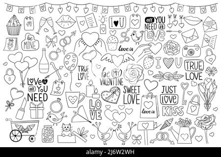 A large set of objects in doodle style on the theme of Valentine's Day. A collection of simple contour design elements drawn by hand and isolated on a Stock Vector