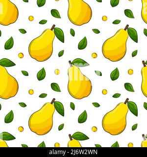 Seamless pattern with pears and leaves. Bright, yellow, juicy, summery, fruity pattern. Colored elements with a stroke, in a linear style are isolated Stock Vector