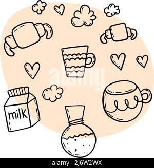 Coffee utensils black ink outline in doodle style. Stock Vector