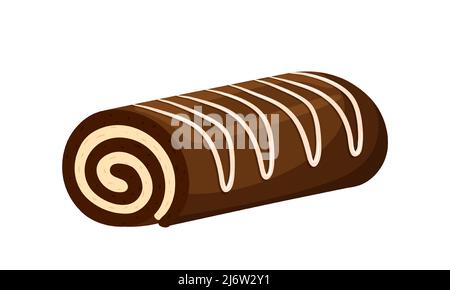 Chocolate roll with cream and vanilla, creamy topping. Sweet pastries. Fat, high-calorie, unhealthy food. Dessert, yummy treat, treat. Illustration in Stock Vector